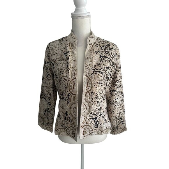 CHICOS 100% Silk Paisley Swirl Beige Jacket Size Chicos 0 US S 4 - Picture 5 of 6